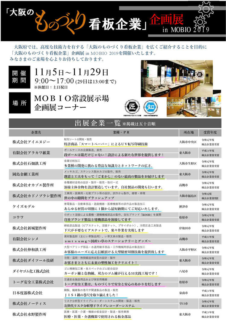 【大阪のものづくり看板企業】企画展 IN MOBIO 2019（11/5～11/29）